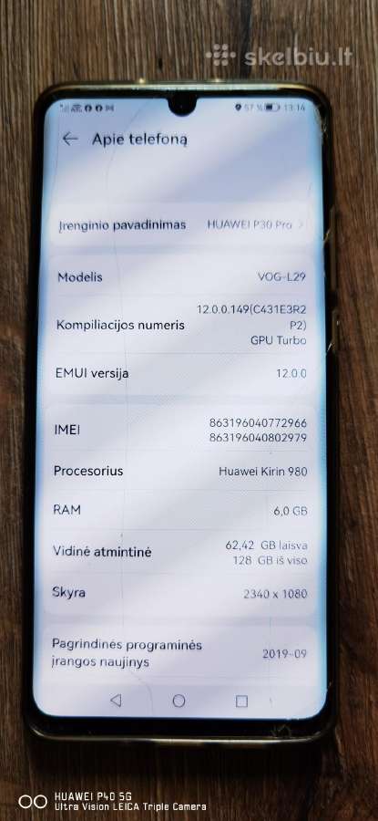 Huawei P30 pro skiles priekis galas sveikas mėlyna