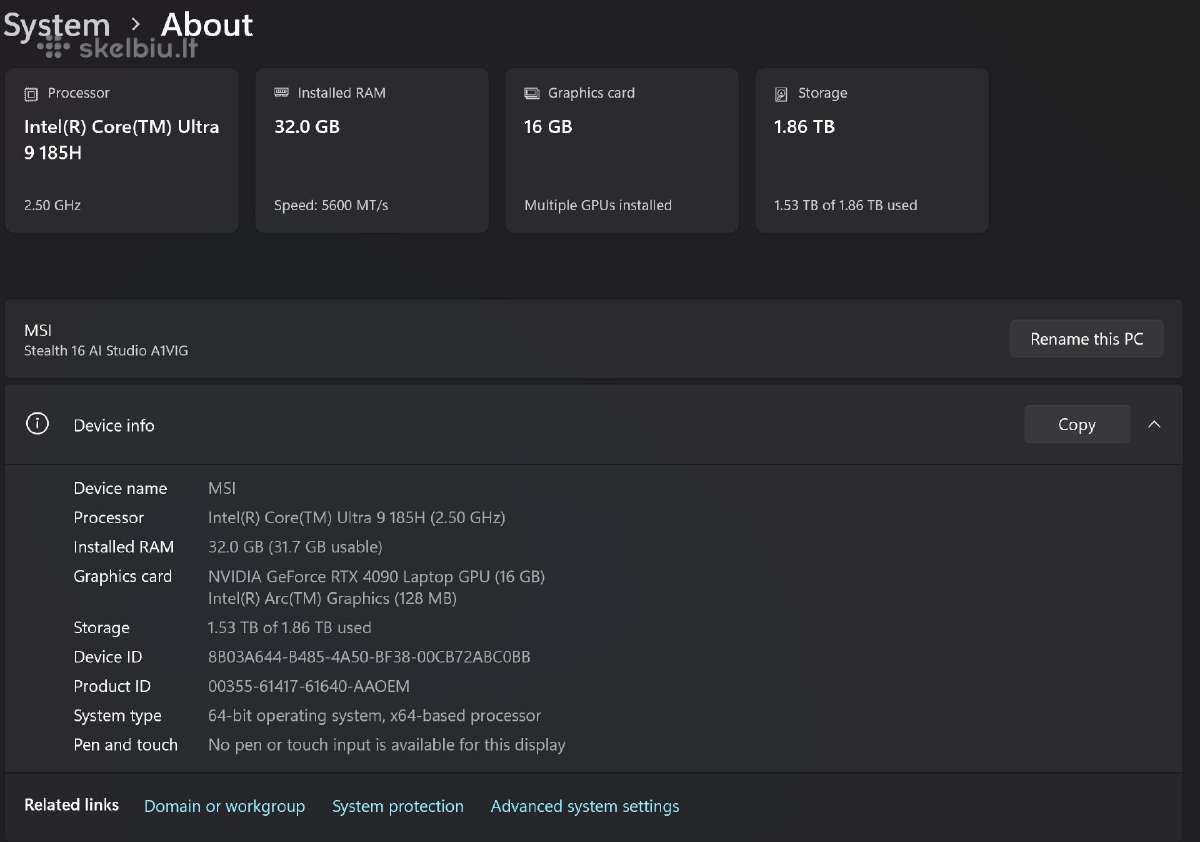 Msi Stealth 16 Ai Rtx4090/16gb - nuotraukos Nr. 3