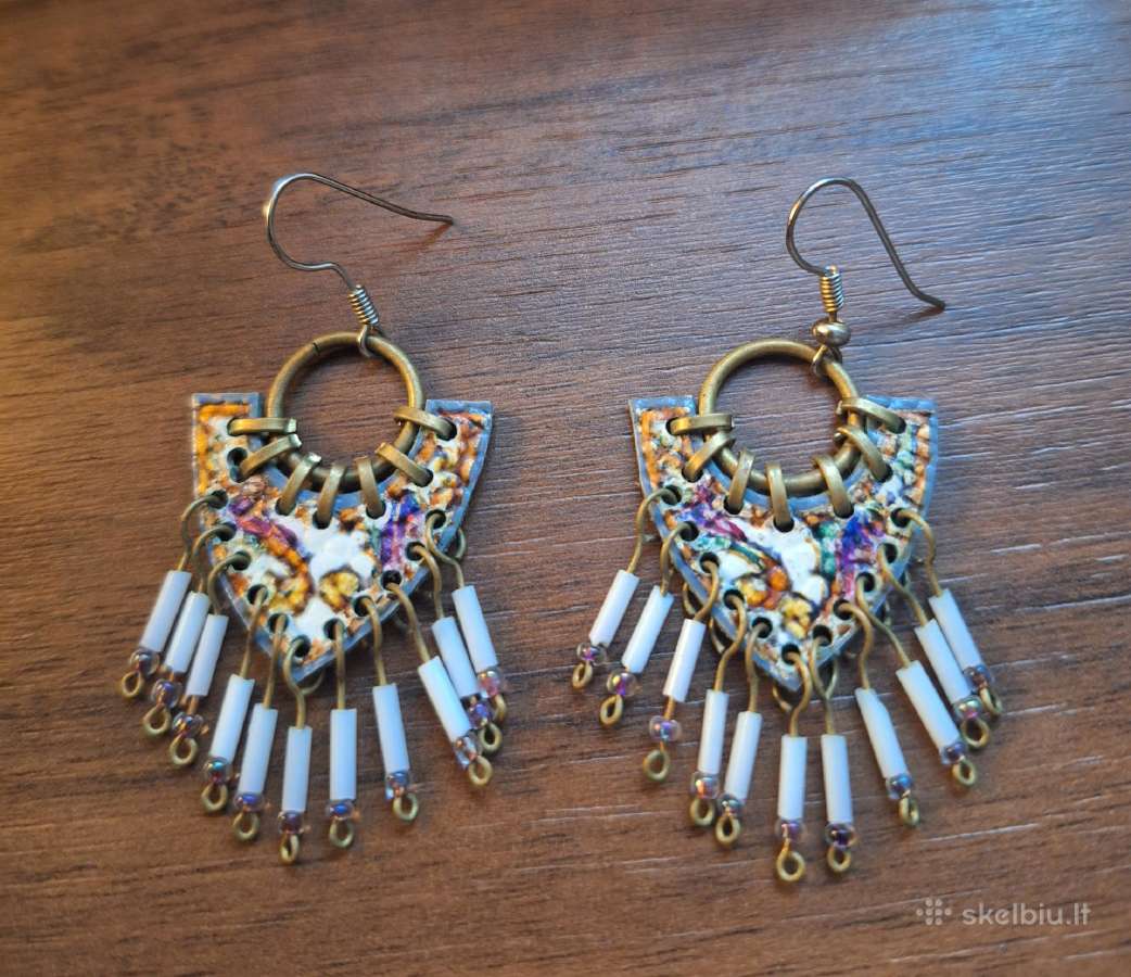 Boho stil natūralios odos auskarai su kutais