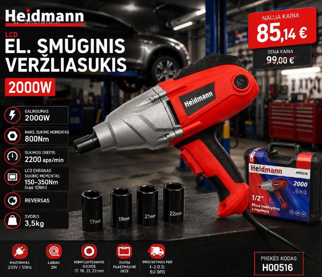 El. smūginis veržliasukis Heidmann LCD 2000w, 85€