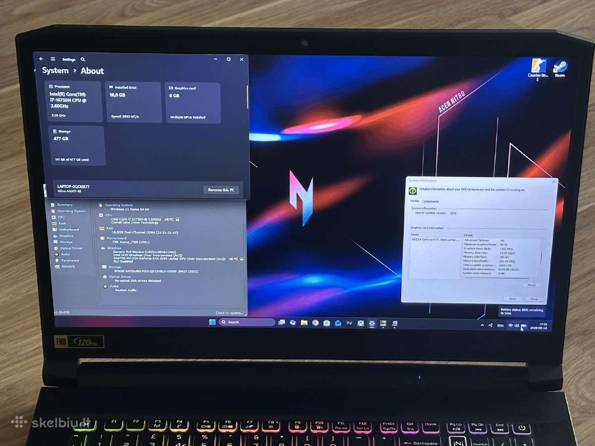 Parduodu Acer Nitro 5 17 Su Rtx 3060 6gb, 120hz - nuotraukos Nr. 7