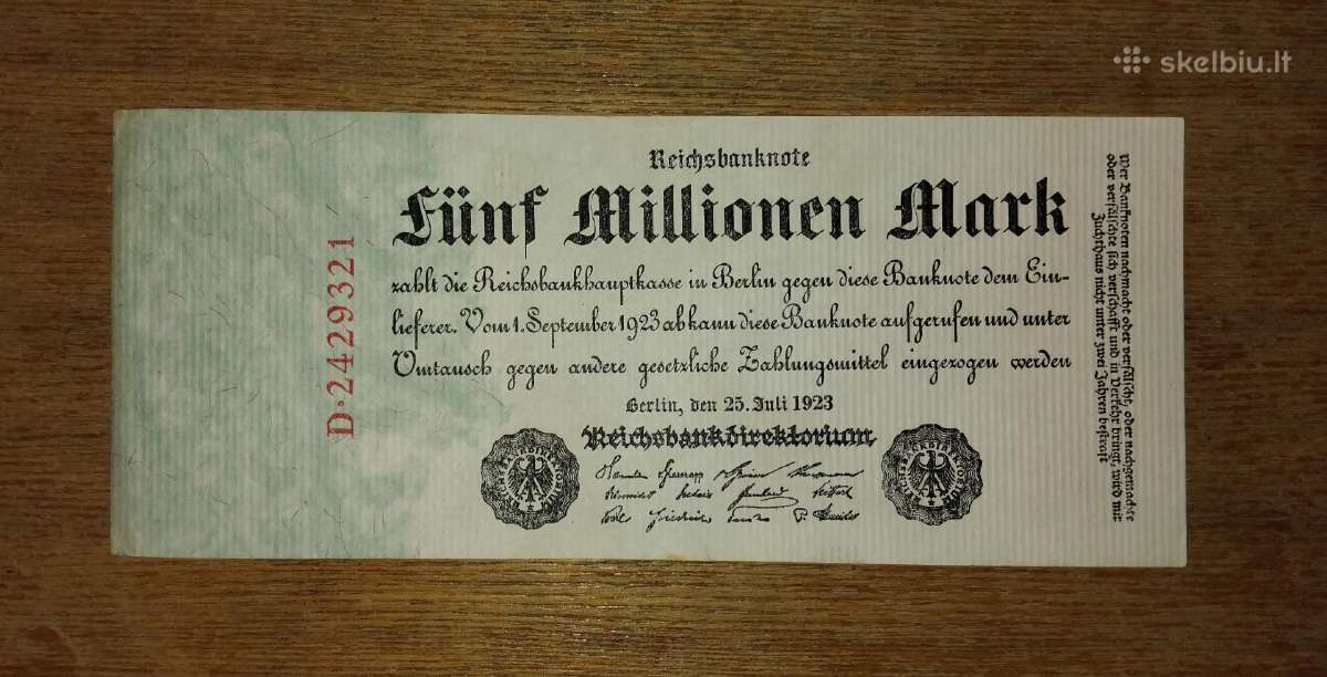 Vokietijos"hiperinfliacinis"5 mln markių banknotas