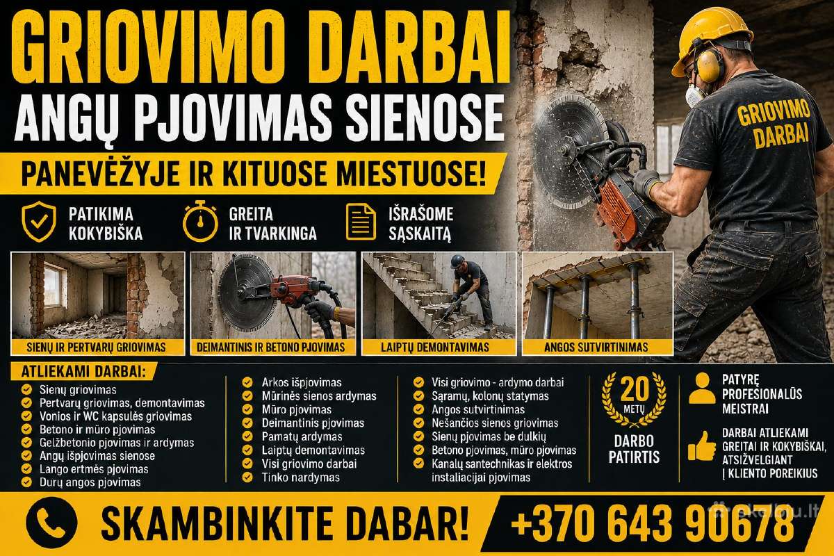 Griovimo darbai, angos pjovimas sienoje Panevėžyje