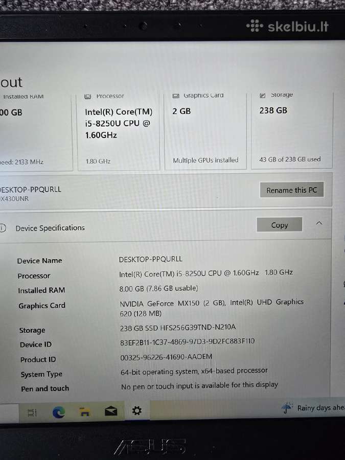 Asus Ux430u i5 256gb SSD 8gb RAM win - nuotraukos Nr. 5