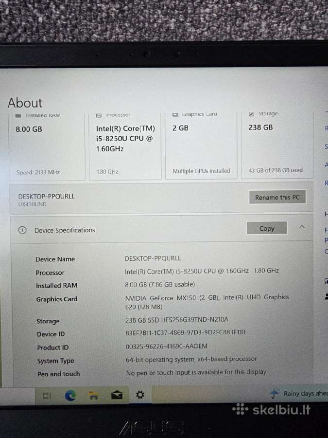 Asus Ux430u i5 256gb SSD 8gb RAM win - nuotraukos Nr. 6