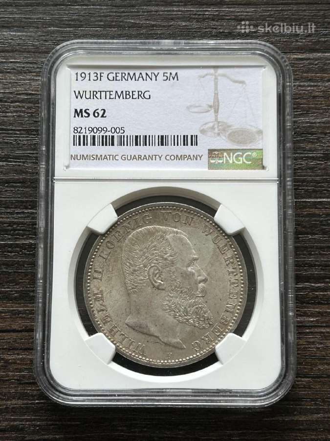 Vokietija 5 markes 1913 Wurttemberg Ngc Ms62