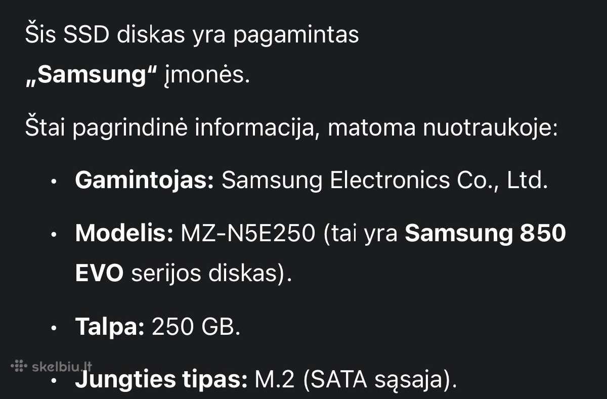 Samsung EVO 850 SSD 250 GB M2 (232 GB) - nuotraukos Nr. 3