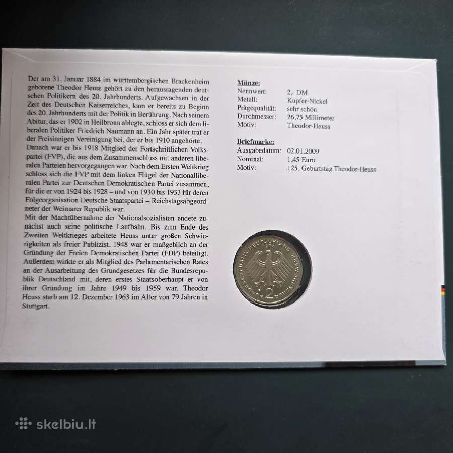 Vokietija 1974f 2 Mark Theodor Heus voke Unc - nuotraukos Nr. 3