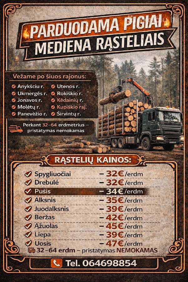 Pigi malkinė mediena rasteliais