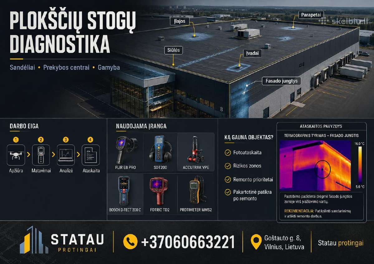 Plokščių stogų ir fasadų pratekėjimų diagnostika