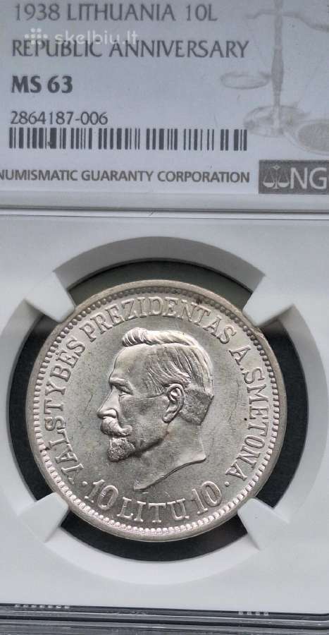 10 litu 1938m Smetona Ngc Ms-63