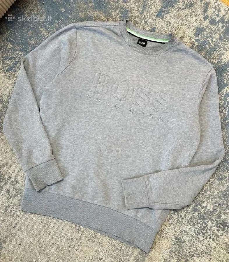Hugo Boss pilkas siuvinėtas logotipo megztinis su