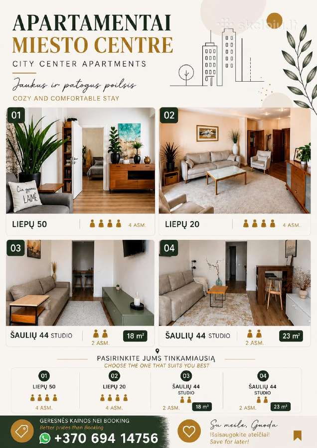 Apartamentai trumpalaikei nuomai miesto širdyje