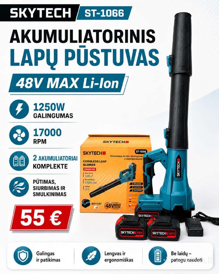 Naujas Skytech akumuliatorinis lapų pūstuvas
