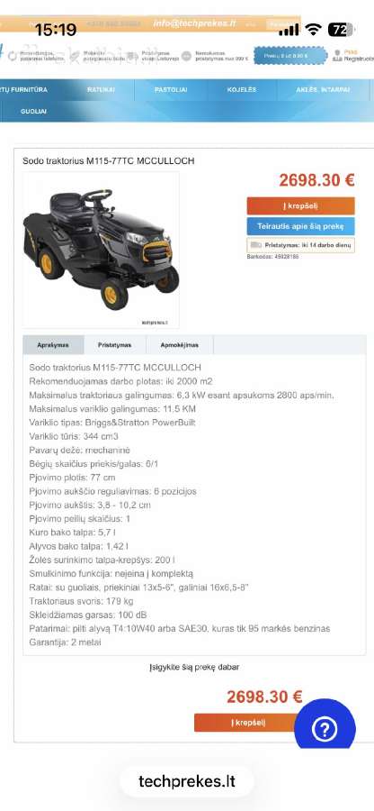 Parduodamas sodo traktoriukas Mcculloch M115-77tc - nuotraukos Nr. 7