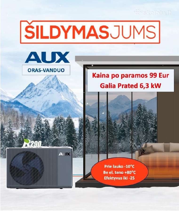 Oras-vanduo Aux R290 galia Prated 6.3kw Monoblokas