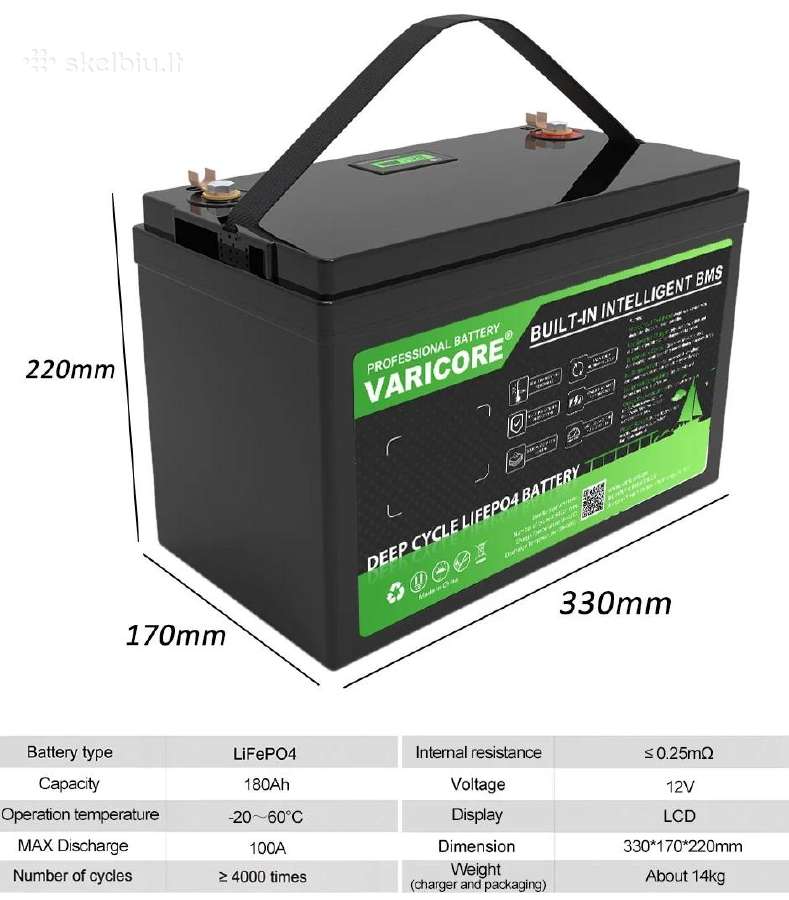 Varicore 12v Lifepo4 180ah akumuliatorius baterija - nuotraukos Nr. 3