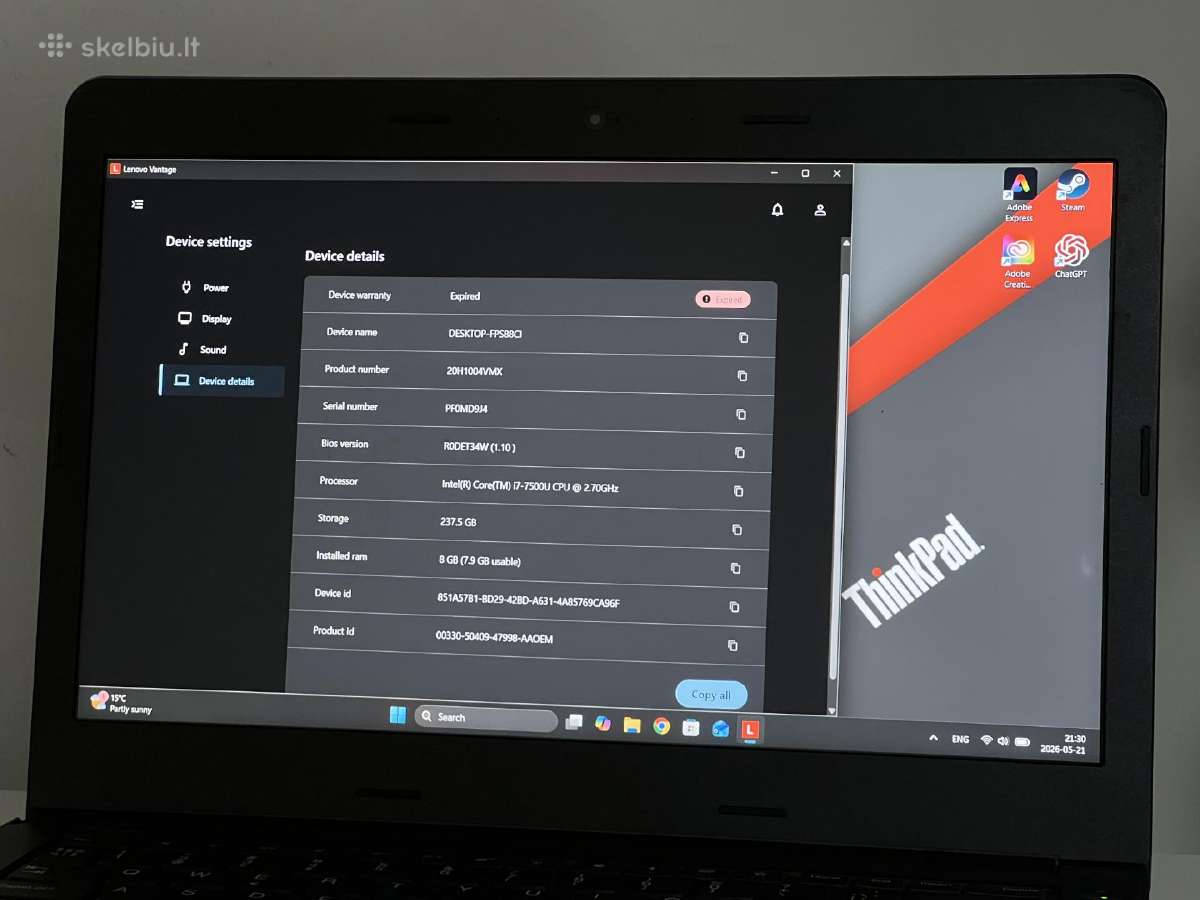 Parduodamas Thinkpad E470 su I7, Nvidia 940mx. - nuotraukos Nr. 9
