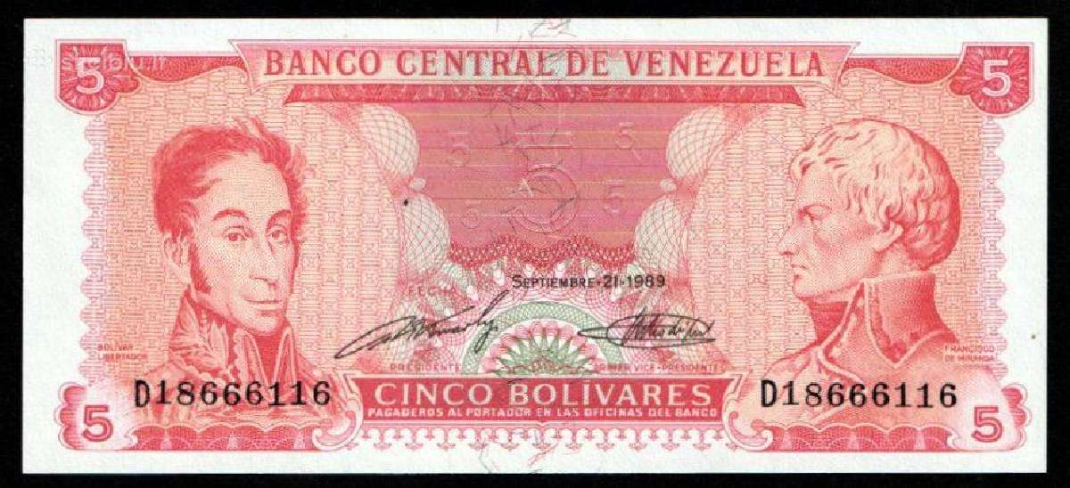 Venezuela 5 bolivares 1989. Unc. P - nuotraukos Nr. 2