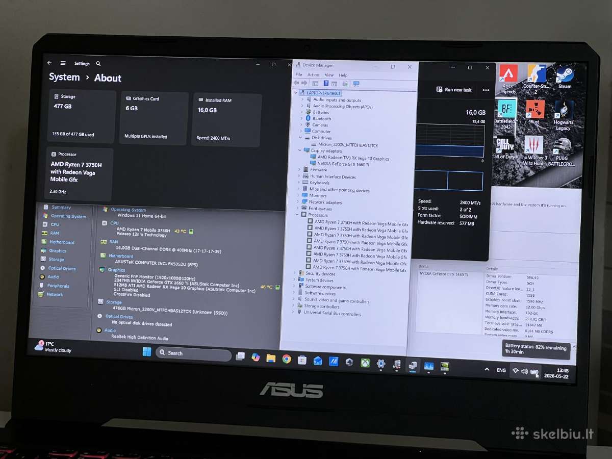 Parduodamas Asus Tuf su Gtx 1660ti, Ryzen 7, 120hz - nuotraukos Nr. 8