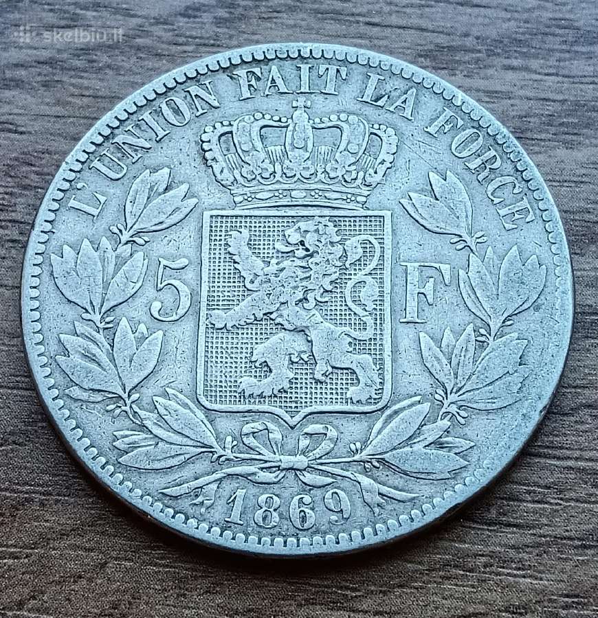Sidabrinė moneta Belgija, 5 frankai, 1869 m.