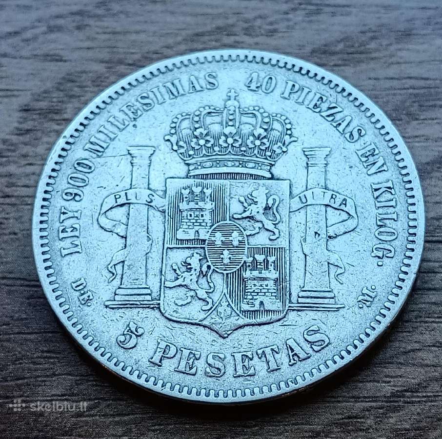 5 Ispanijos pesetos Alfonsas Xii 1875 m., De M