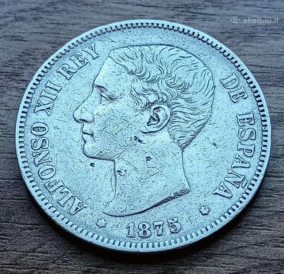 5 Ispanijos pesetos Alfonsas Xii 1875 m., De M - nuotraukos Nr. 2