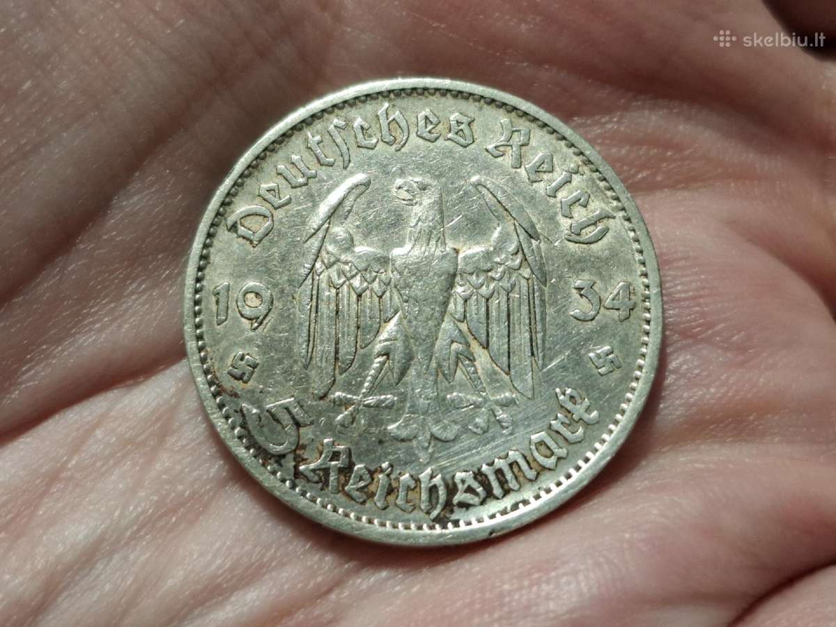 Vokietija 5 mark 1934 D sidabras