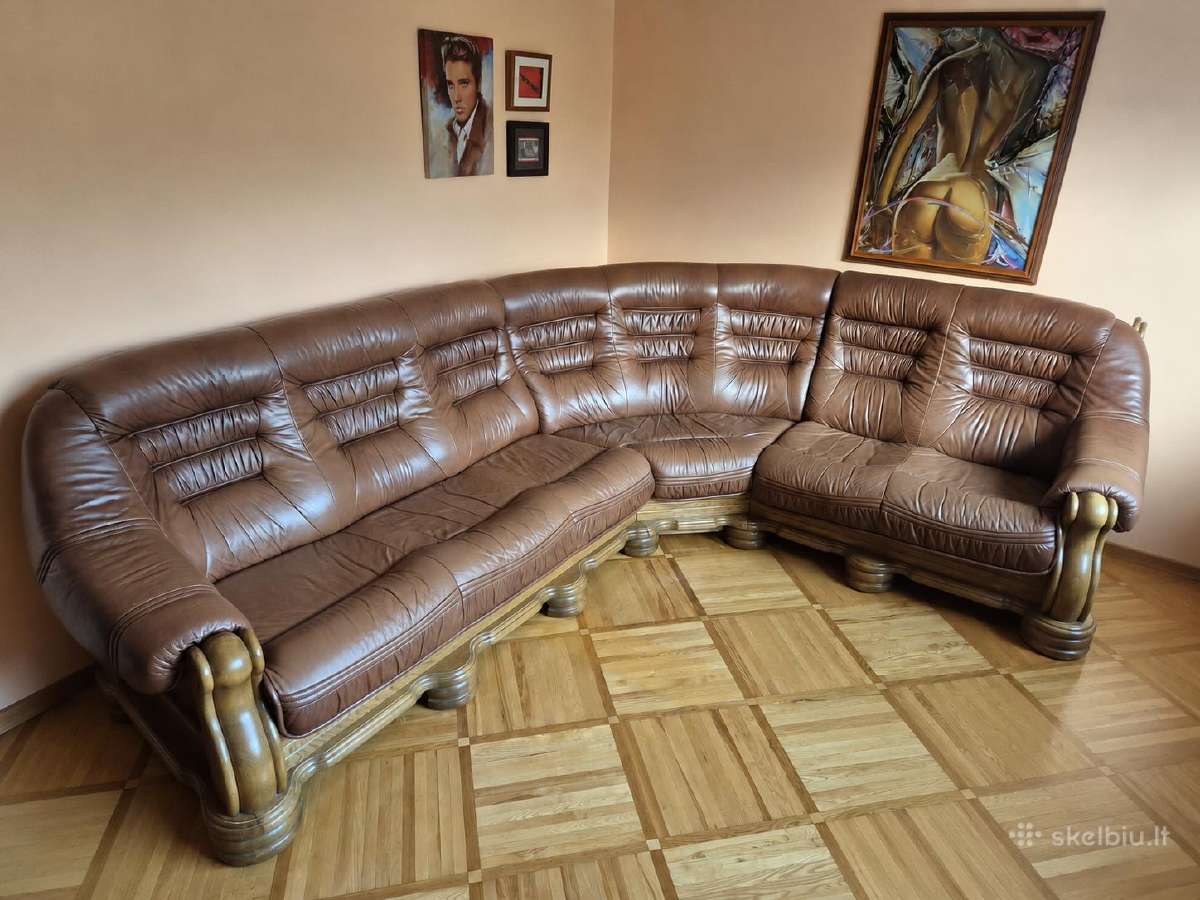Vokiška, natūralios odos kampinė sofa