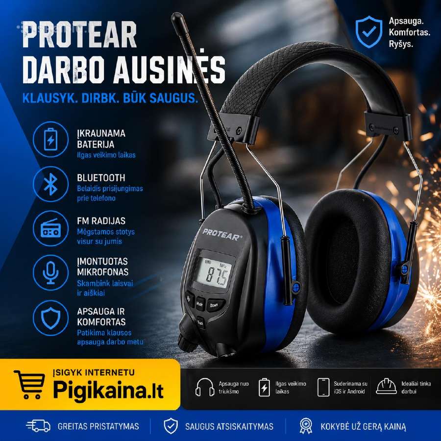 Darbo apsauginės ausinės Bluetooth, Fm, LCD, įkrau