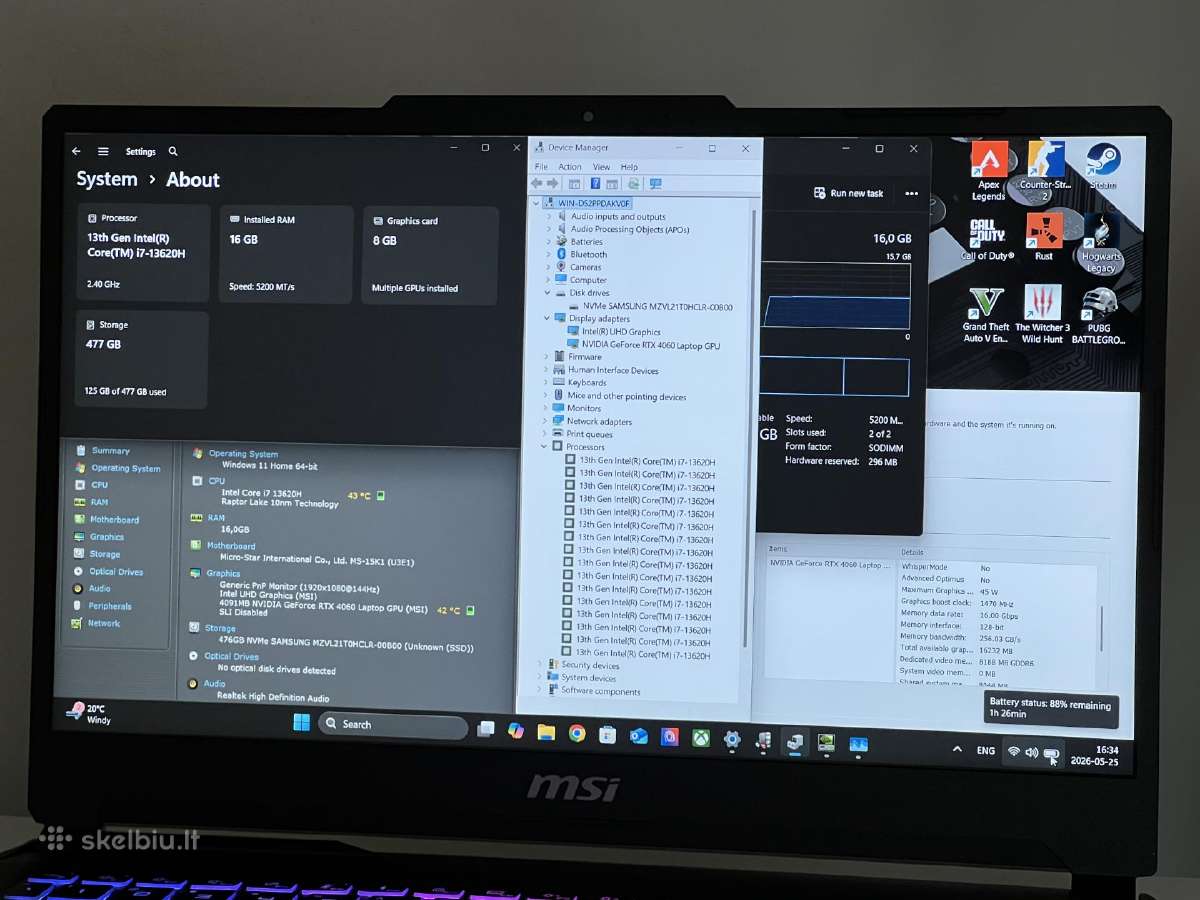 Parduodamas Msi Cyborg su Rtx 4060, I7-13k, 144hz. - nuotraukos Nr. 8
