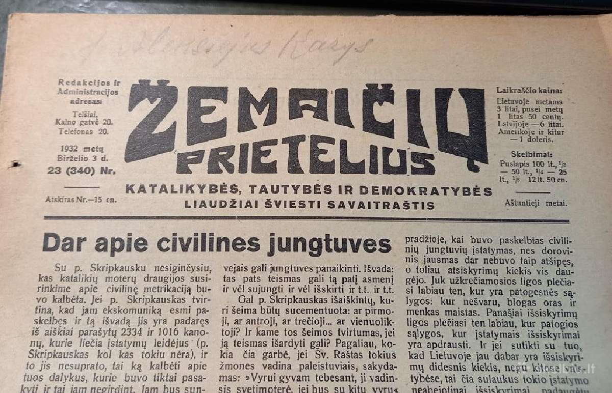 Telšiai 1932/35 "Žemaičių prietelius" laikraštei