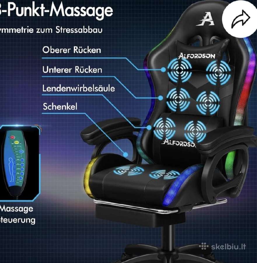 Alfordson žaidimų kėdė su masažu ir Rgb apšvietimu