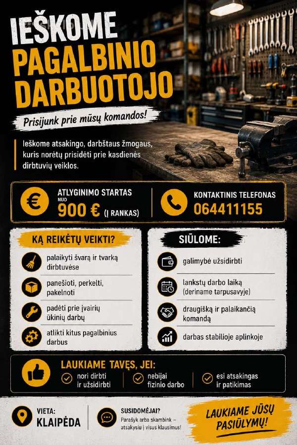 Ieškome pagalbinio darbuotojo dirbtuvėse
