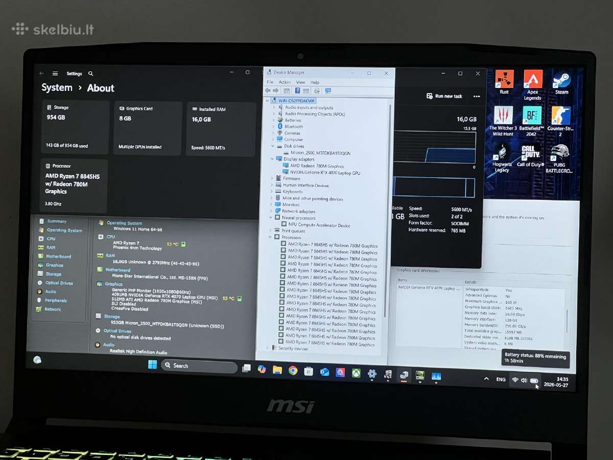 Parduodamas Msi Katana su Rtx 4070, Ryzen 7, 1tb. - nuotraukos Nr. 8