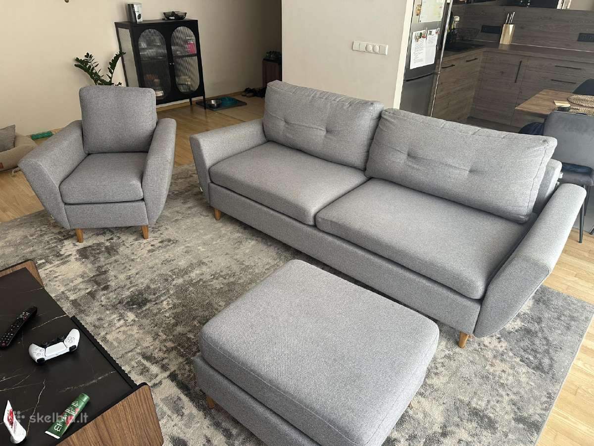 Minkštų baldų komplektas:sofa-lova, fotelis, pufas