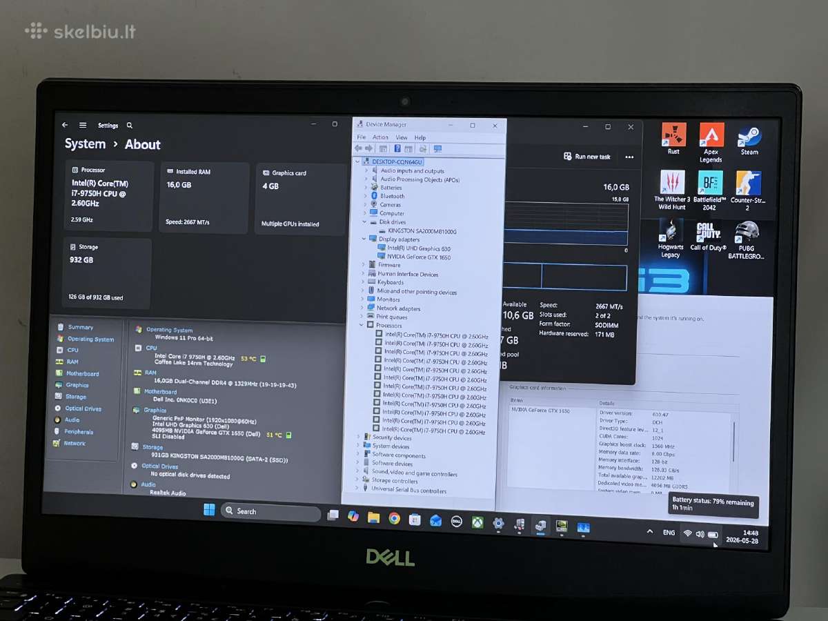 Parduodamas Dell G3 su Gtx 1650, I7-9k, 1tb. - nuotraukos Nr. 8