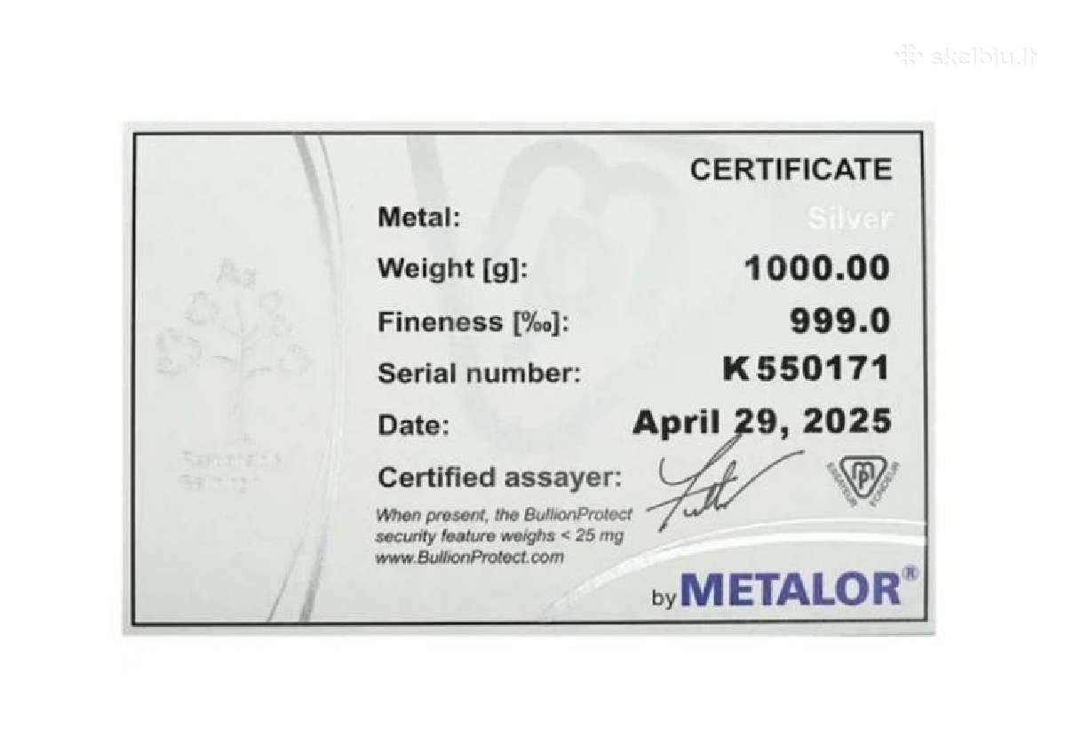Parduodamas 1 kg sidabro luitas 999 Metalor naujas - nuotraukos Nr. 3