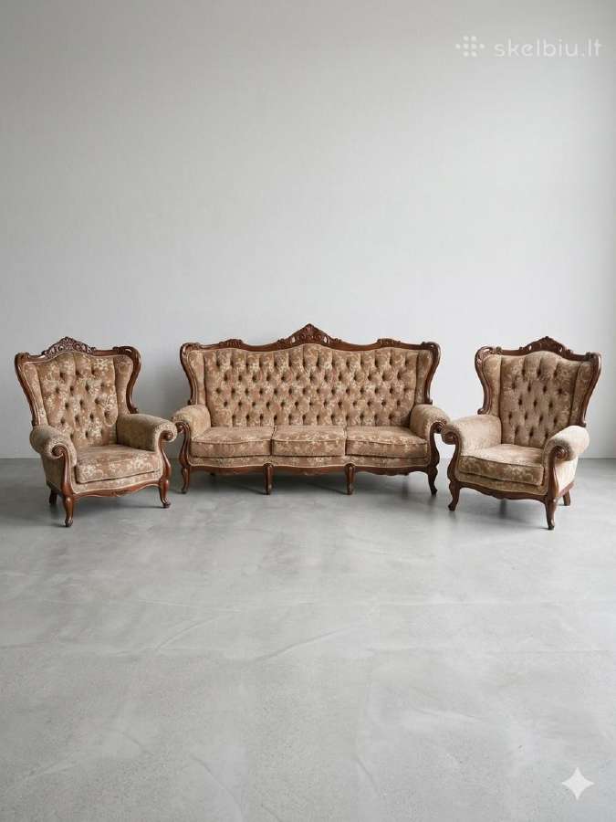Viktorinio stiliaus sofa ir 2 foteliai