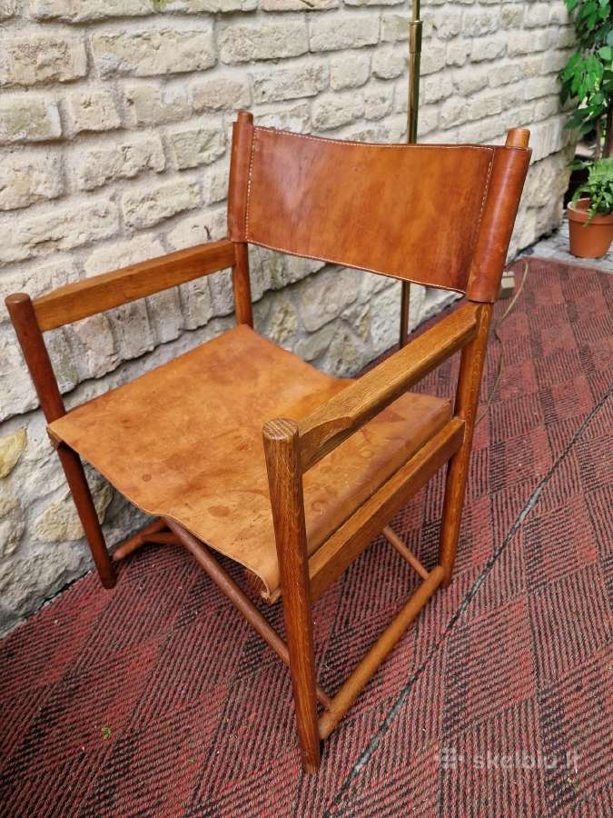 Vintažinė mid century ąžuolo/odos "safari" kėdė