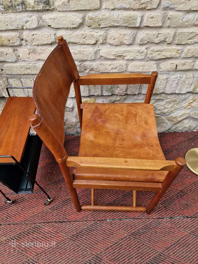 Vintažinė mid century ąžuolo/odos "safari" kėdė - nuotraukos Nr. 12