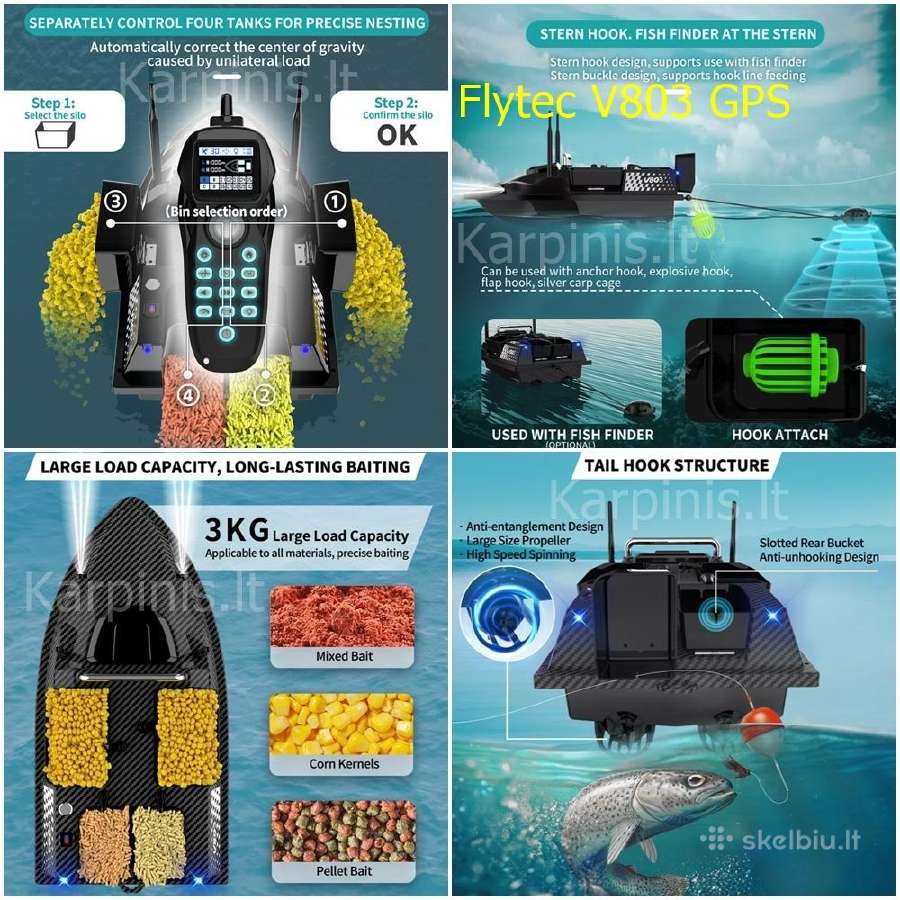 Flytec V803 GPS pašarų laivelis su GPS 200 taškų - nuotraukos Nr. 3