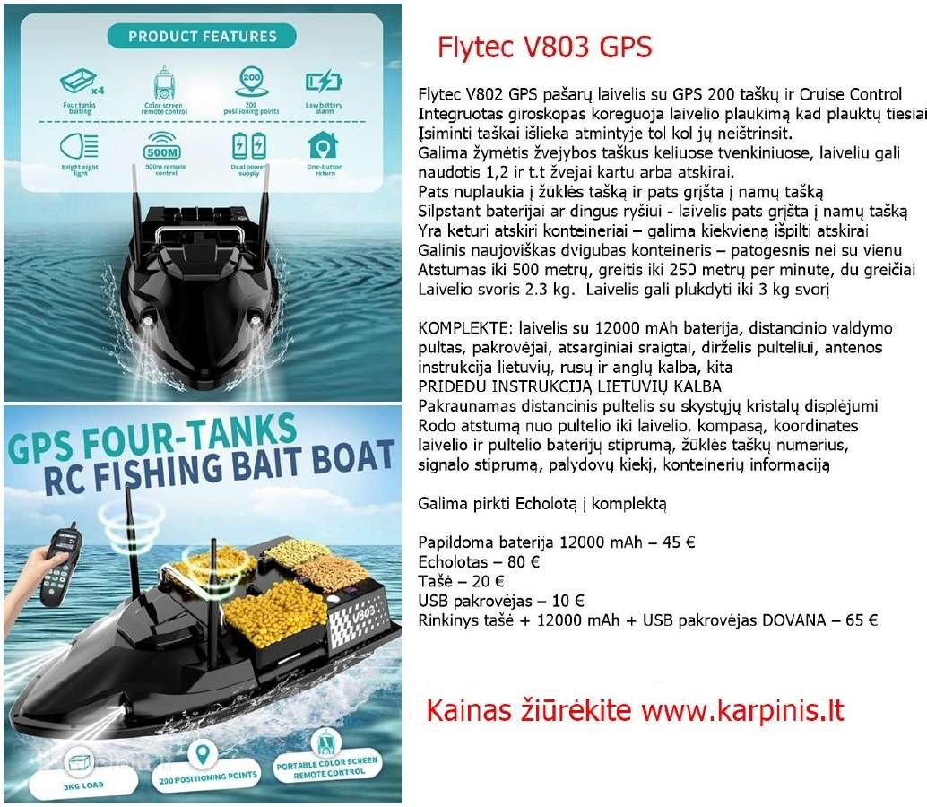 Flytec V803 GPS pašarų laivelis su GPS 200 taškų - nuotraukos Nr. 10