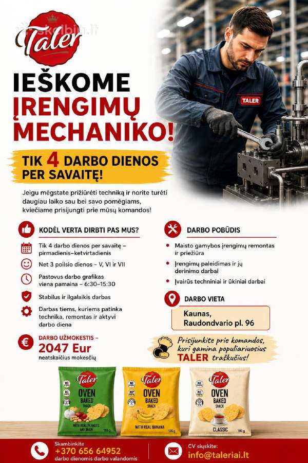 Siūlo darbą įrengimų mechanikui - 4 d.d./savaitę