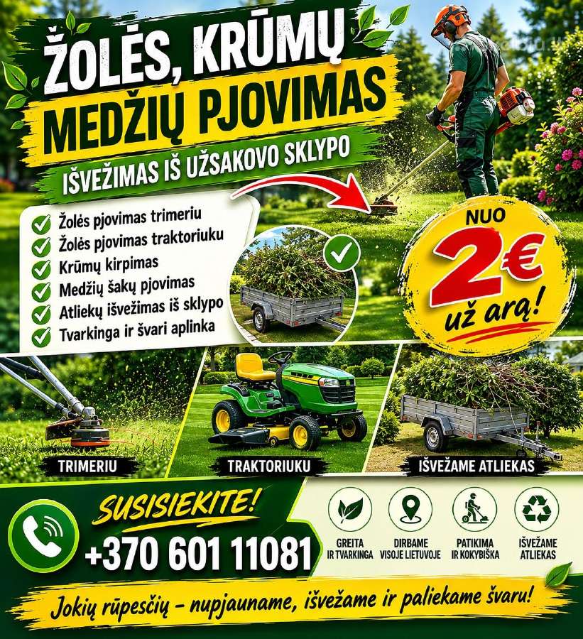 Žolės, krūmų medžių pjovimas