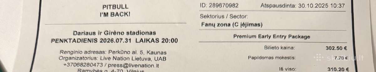 2 bilietai į Pitbull (Fanų zona)