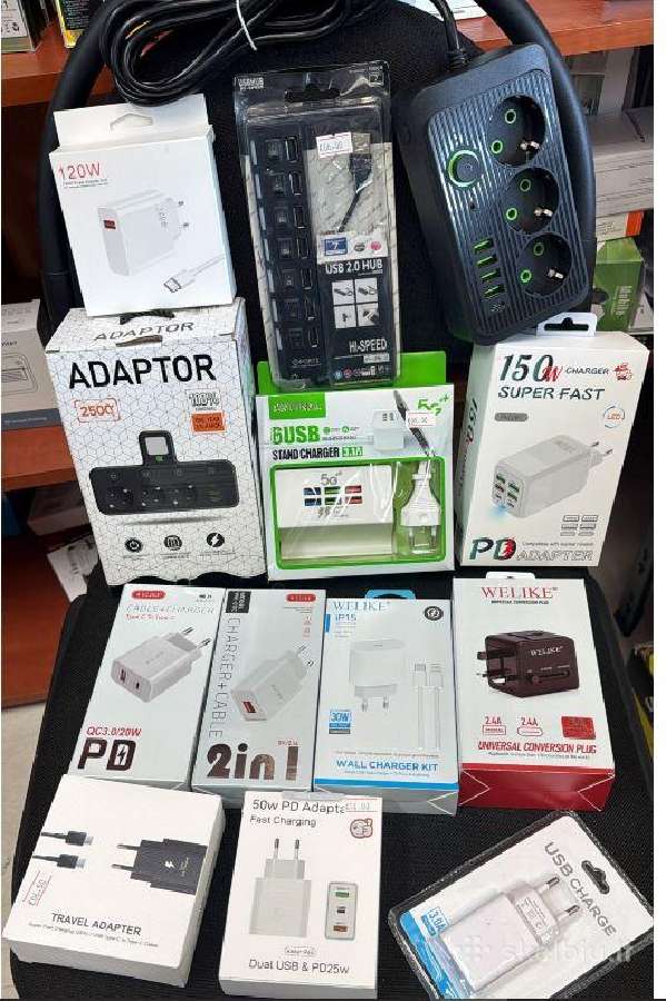 Įkrovikliai, adapteriai, laidai, ilgintuvai