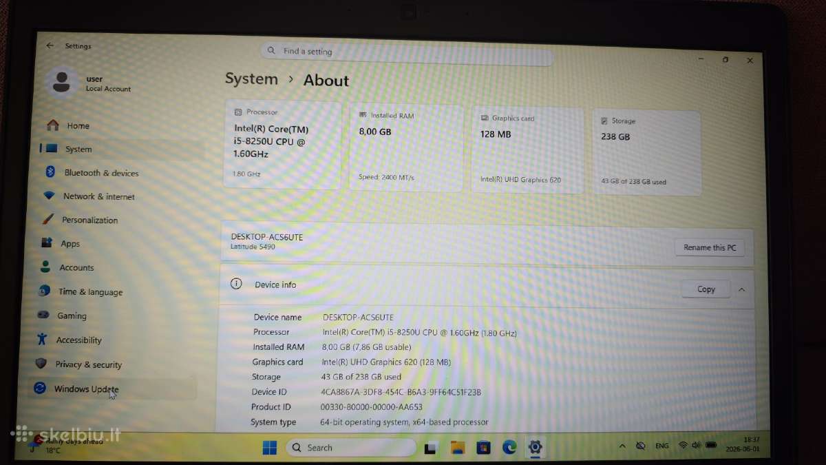 Parduodu Dell Latitude i5-8520u 8gb 256gb Sd 10/10 - nuotraukos Nr. 2