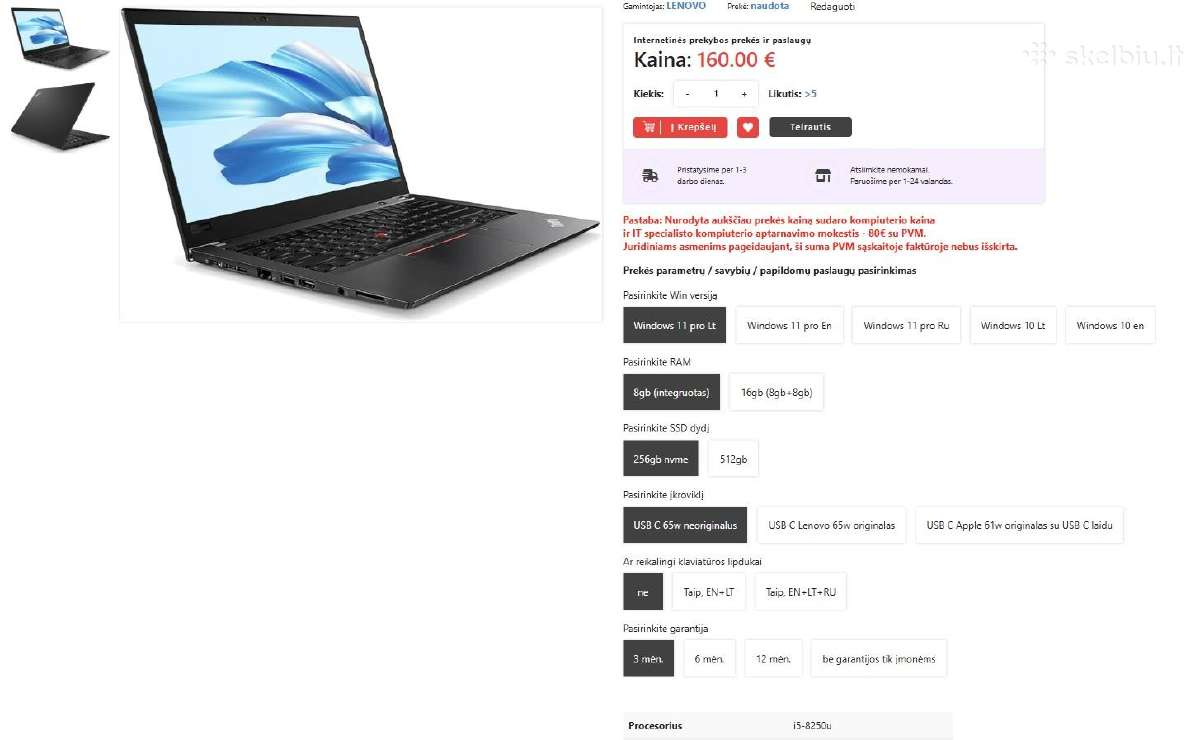 Lenovo Thinkpad T480s su En klavatūra tik nuo 160€
