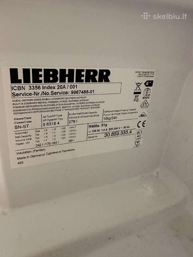 Integruojamas Liebherr šaldytuvas šaldiklissu 0 - nuotraukos Nr. 4